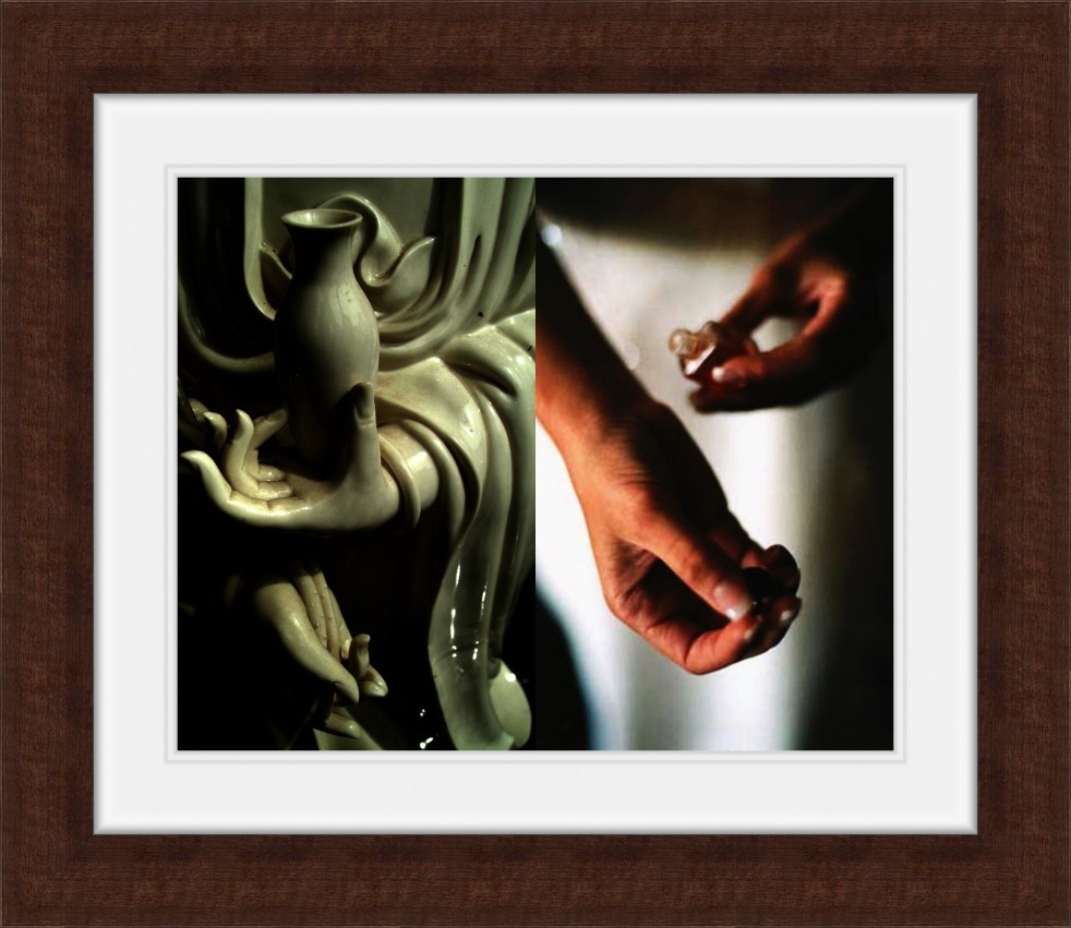 Two combined photographs of sculpture and human hands.