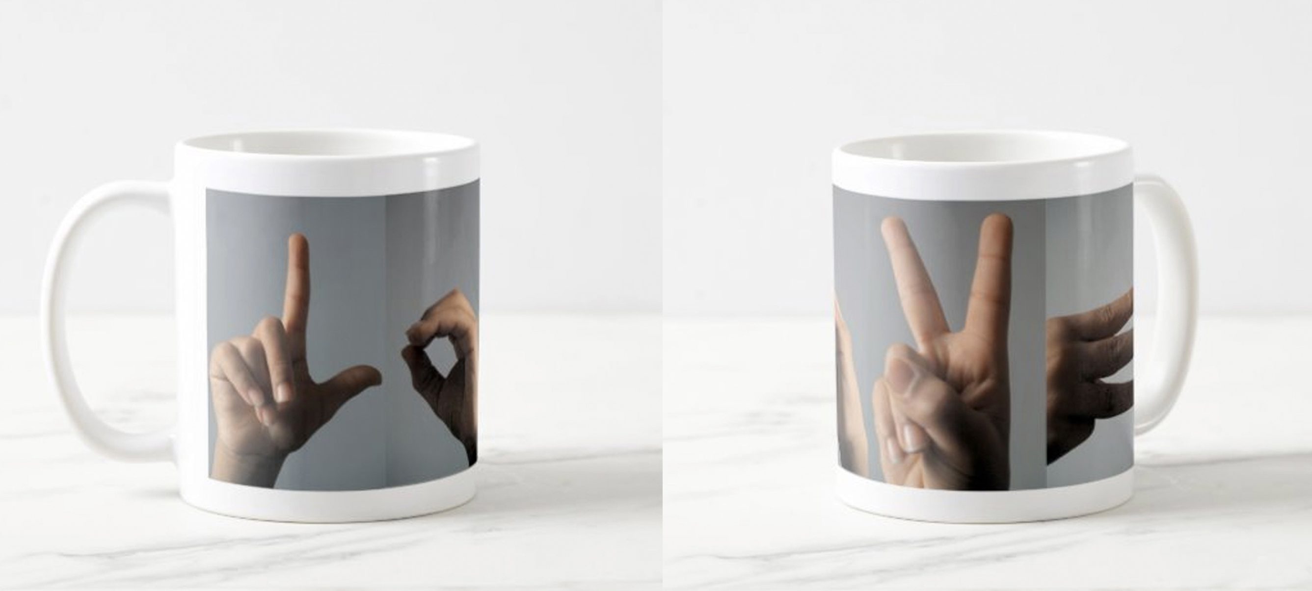 ceramic mug with boys fingers signing out LOVE.