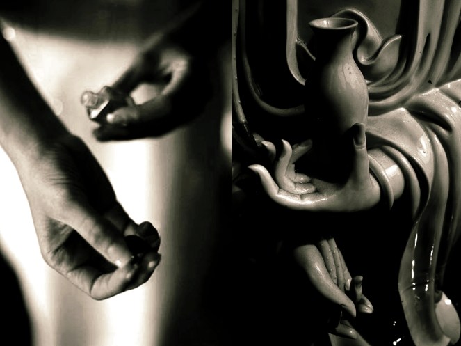 two pictures together showing a woman's gesture and a spiritual hand posture.